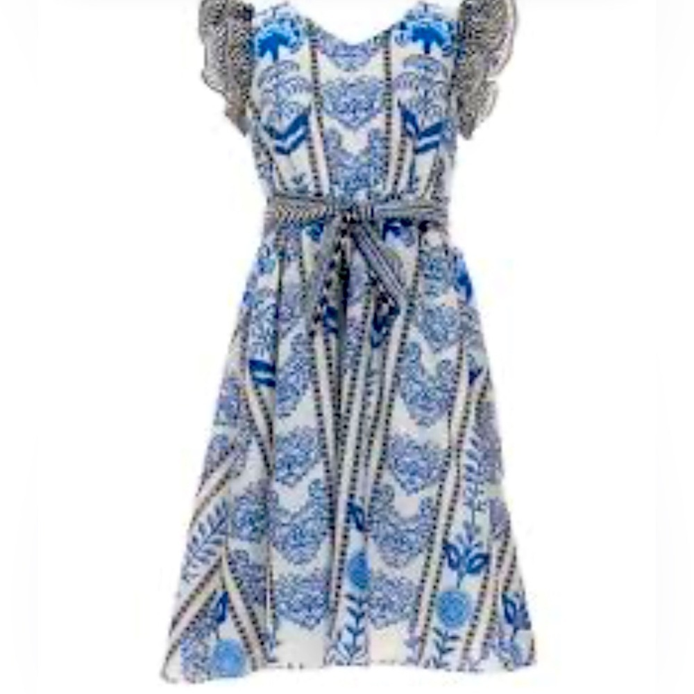 Girls Blue & White Printed Casual Dress with Tie Waist